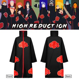 Kitimi Akatsuki Cloak Itachi Anime Cosplay Costume for Kids, 8 Pcs Fancy Dress Costumes with Headband Ring Necklace, Akatsuki Robe Black Cloak for Adults, Anime Fans, Birthday Gift for Kids