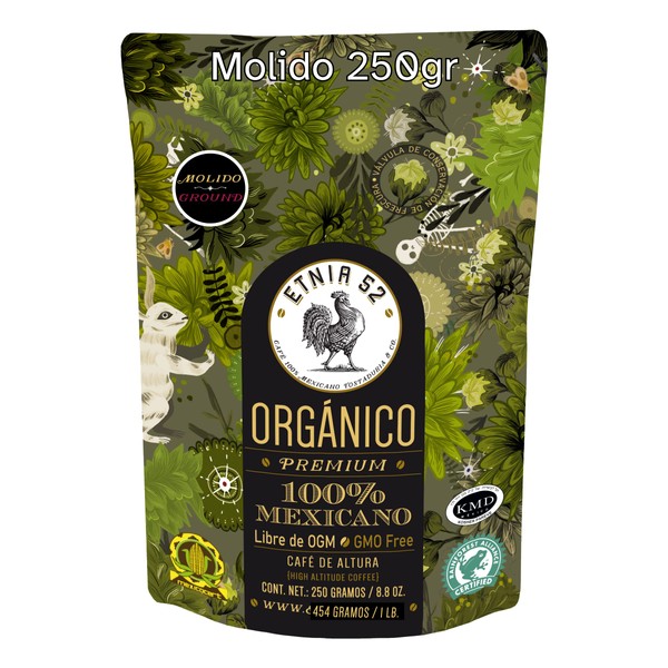 Etnia 52 | Café Orgánico Molido de Altura | Tostado Oscuro | Cuerpo Medio y Aroma de Especies Florales | 250 g