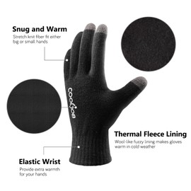COOLJOB Warm Fleece Knit Winter Gloves for Men Women, Touch Screen Fingers, Non-slip Silicone Grip and Elastic Cuff (1 Pair S, Pure Black)