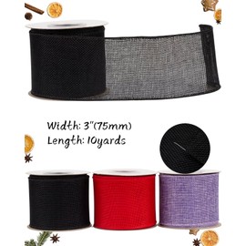 Tekdeere Cinta de arpillera de 3 pulgadas x 10 yardas, cinta de alambre negra para manualidades, envoltura de regalos, coronas, lazos, decoración de árboles y decoración al aire libre