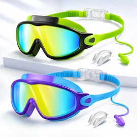 Kids Swim Goggles for Pool and Swim Lessons – 2-Pack Wide View Anti-Fog Goggles with Earplugs and Nose Clips