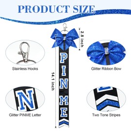 DEEKA 8 PCS Cheer Pin Me Ribbon for Backpack Glitter Cheerleader Keychain Bulk Cheer Gifts Cheer Bow Keychain Bag Tag Cheer Clothes Pin Charms -Royal Blue