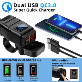 12V USB Socket Motorcycle, Motorcycle USB Charger with On/Off Switch and LED Voltmeter, QC3.0 Motorcycle Dual USB Charger Waterproof for 12V-24V Motorcycle Motorhome Boat (Dual USB)