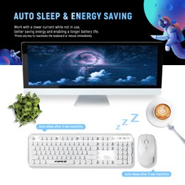 FOPETT Wireless Keyboard and Mouse Combo - 2.4G Full-Sized White Keyboard with Round Keycaps 104 Keys Typewriter Keyboard for Laptop/Windows/PC - White