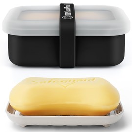 Compact Leakproof Travel Soap Case with Lid & Silicone Strap - Portable Draining Soap Bar Holder for Gym, Bathroom, Camping - Lightweight Silicone Soap Dish Container (Black)