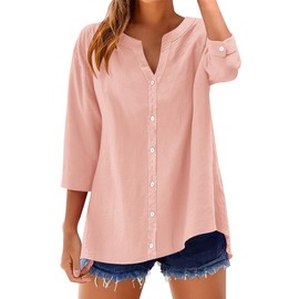 LOMON Womens 3/4 Sleeve Button Down Shirts V Neck Cotton Linen Tops Casual Loose Roll Up Short Sleeve Blouse