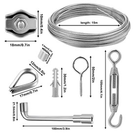 Delamiya 15 m 2 mm Wire Rope Stainless Steel, 304 Stainless Steel Wire Rope Tension Wire, Wire Rope Trellis Set, Steel Cable Coated with Eyelets Turnbuckle for String Light Suspension Washing Line