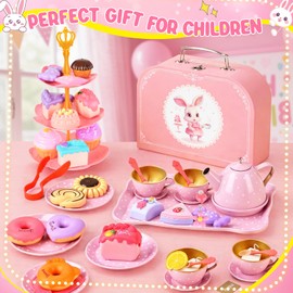 56Pcs Teeservice Kinder mit Dessert Rollenspiele, Teeparty Spielküche Rollenspiele für 3-8 Jahre Alte Kreative Geburtstagsgeschenke mit Hasenohren-Kopfschmuck, fünfteiliger Halskette, Handtasche, Rosa
