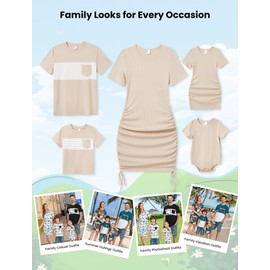 PATPAT Matching Family Outfits Mommy and Me Matching Outfits Short Sleeve Hawaiian Tropical Bodycon Dresses and T-Shirts - Apricot for Women L