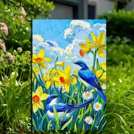 BlissYard Hello Spring Summer Garden Flags 12x18 Double Sided Spring Decorations For Home Front Porch Decor Blue Birds and Daffodils Backdrop Design Outdoor Decoration Spring Garden Flags For Outside