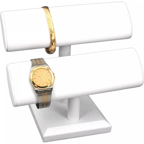 FindingKing 2 Tier White Leather Oval T-Bar Bracelet Watch Jewelry