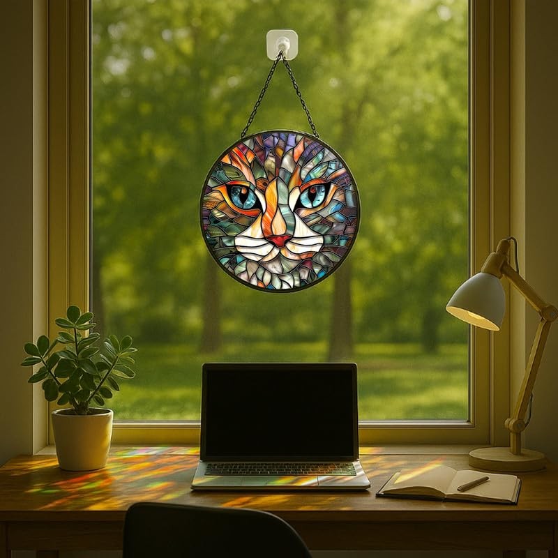 Stained Glass Window Hanging Cat Face， 7.8in Sun Catchers Panel