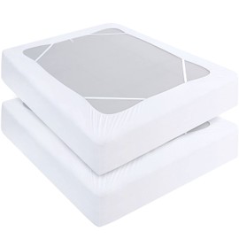 Box Spring Cover Full 2 Pack, Elastic Fabric Wrap Around 4 Sides Bed Skirt, Sleek Alternative for Bed Skirts for Hotel/Home, Fits Box Springs up to 13”, White