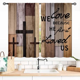 Farmhouse Wooden Curtains, Rustic Brown Wood Board Bible Verse Cross Country Cottage Western Barnwood Garage Old Plank Drapes Window Curtains for Living Room Bedroom Kitchen 2 Panels, 55x39 Inch