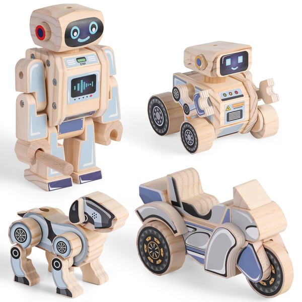 SainSmart Jr. 4-in-1 STEM Kits, Wooden Robot Assembly Toy Set, Woodworking Crafts Projects for Kids, Gift for Boys and Girls