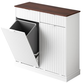 WLIVE 2 * 10.5 Gallon Double Tilt Out Trash Can Cabinet, Hidden Trash Can Cabinet with Storage Drawers,Food/Clothes Storage Pet Proof Wooden Trash bin Cabinet for Kitchen, Home, Laundry (White)
