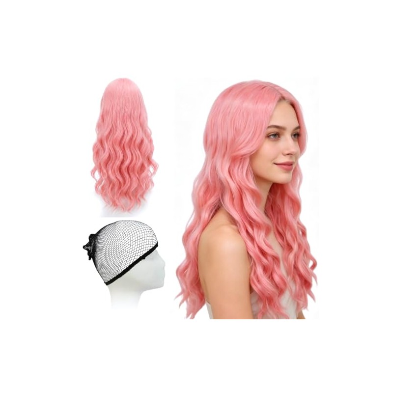 24 In Long Light Pink Wavy Wig for Women