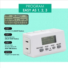 Clear Power Indoor Timer (Dual Pack) 1 Polarized Outlet EZ Digital Timer for Lamps, Fans, Grow Lights, White, Polarized Plug, 2-Pack, CP50010