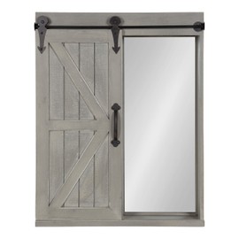 Kate and Laurel Cates Decorative Wood Wall Storage Cabinet with Vanity Mirror and Sliding Barn Door, Rustic Gray