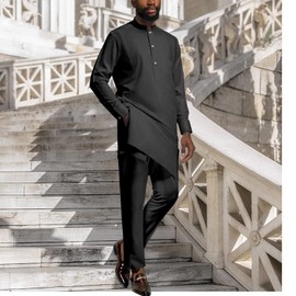 African Dashiki Suits for Men Shirt Pants 2 Piece Set Outfit Nigerian Clothes Wedding Attire Clothing TR6 Solid Black XX-Large