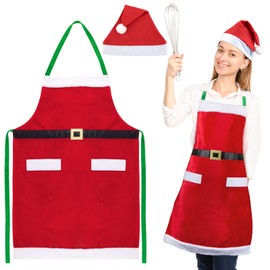 Weihnachtsschürze Rot Weihnachten Schürze mit Weihnachtsmütze Polyester Kochschürze mit Taschen Weihnachtsmann Schürze für Weihnachten Kostüm Damen und Herren Karneval Fasching Kostümparty usw.