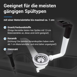 Aquade Sieve Basket Valve 114 mm – Strainer Basket Sink – Siphon Sink Set for Kitchen – Sink Drain – Model: Raumschaffer + Overflow Sink Round + Bowden Cable