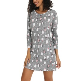 ENJOYNIGHT Women's Long-Sleeved Cotton Sleep Shirt, Print Sleepshirt, Sleepwear, Nightdress, penguin