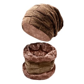 Loriketty Men Winter Knitted Outdoor Soft Plush Lining Beanie Hat with Scarf, Mens Winter Lining Cap, Khaki