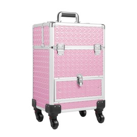 SNKOURIN Professional Makeup Train Case Aluminum Makeup Box, Rolling Makeup Train Case Large Storage Cosmetic Trolley for Make Up Hairstylists Nail Tech, Pink