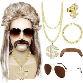 Vokuhila Wig, 6 Mullet Wig Men, Men Blonde Mullet 80s Wig, Blonde Wigs Sunglasses Necklace Beard, 80s Outfit Men for Carnival, Theme Party, Cosplay, Party