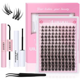 UILULU DIY Lash Clusters Kit 140 Individual Clusters False Eyelashes, Cluster Eye Lash Extensions Kit with Bond & Seal, Remover, Tweezers, Fake Eyelash D Curl-0.07-8-18MM(U21 Lash Kit)