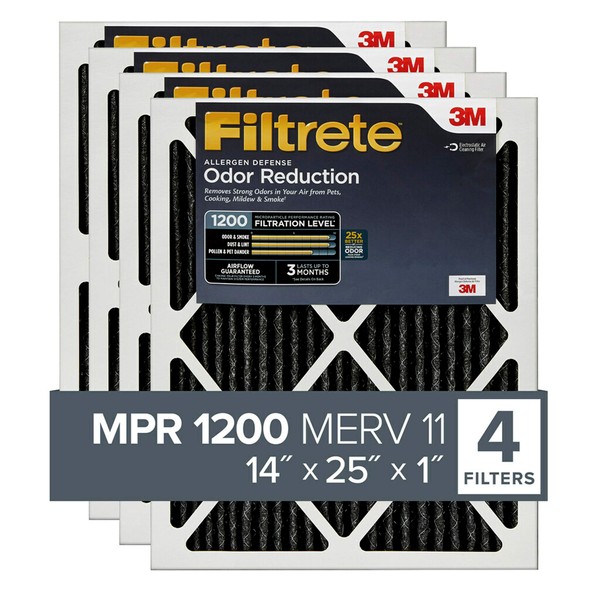 Filtrete 14x25x1, AC Furnace Air Filter MPR 1200 MERV 11, Allergen Defense Odor Reduction, 4-Pack (exact dimensions 13.81 x 24.81 x 0.81)