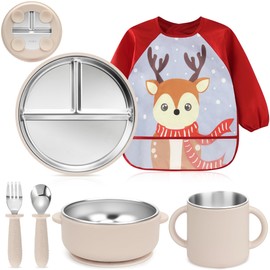 MOJINL Baby Crockery Set Stainless Steel with Suction Cup, 6 Pieces Stainless Steel Children's Tableware Set with Baby Plate, Drinking Cup, Baby Bib with Sleeves, Baby Spoon Fork Bowl, BPA-Free
