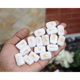 FASHIONZAADI Natural Clear Quartz Rune Stones with Futhark Rune Alphabet Rectangle Stone Rune Words for Crystal Reiki Healing Fortune Telling Spiritual Gift Set Size 15-20mm
