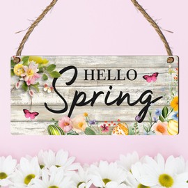 Hello Spring Wooden Plaque - Vibrant Flowers & Easter Eggs Design on Grey Wood-Effect, Handcrafted Seasonal Home Decor, Perfect for Family Gatherings & Springtime Cheer