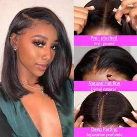 Bob Wig Human Hair Glueless Wigs Human Hair Pre Plucked Pre Cut 13x4 HD Lace Front Glueless 180% Density Short Straight Bob Wigs for Black Women 14 inch