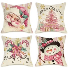 Fahrendom Merry Christmas Tree Pink Decorative Throw Pillow Covers 18 x 18 Set of 4, Xmas Santa Claus Snowman Candy Cane Porch Outdoor Pillowcase, Winter Couch Cushion Case Home Decor