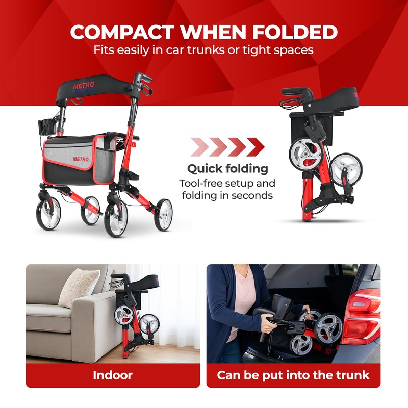 Foldable Rollator Walker with Seat, Adjustable Height Lightweight Rollator with