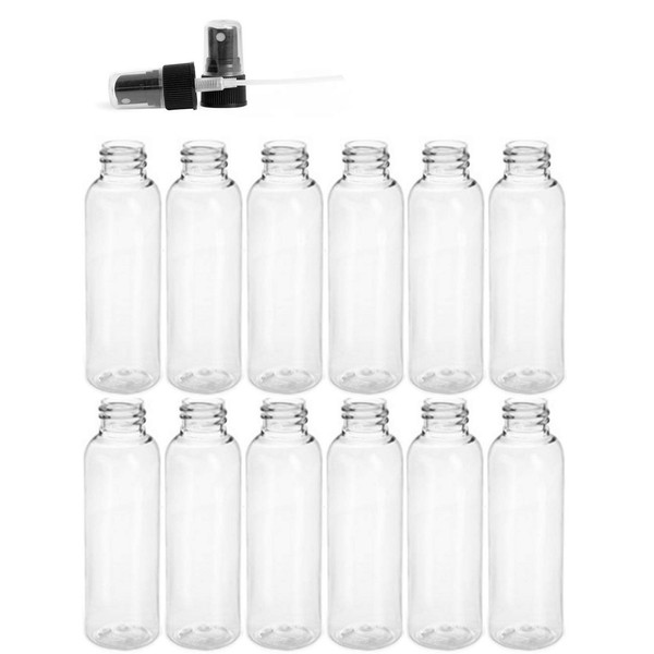 Premium Essential Oil 2 Ounce Cosmo Round Bottles, PET Plastic Empty Refillable BPA-Free, with Black Ribbed Fine Mist Pump Spray Caps (Pack of 12) (Clear)