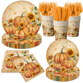 Vintage Fall Pumpkin Party Plates and Napkins,144Pcs Fall Thanksgiving Party Supplies Vintage Thanksgiving Pumpkin Tableware for Autumn Baby Shower,Birthday Decoration