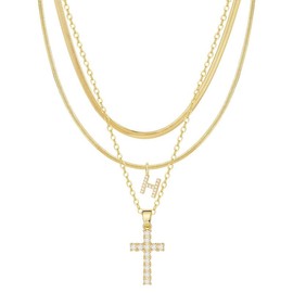 TASISO Layered Gold Necklaces for Women  Tiny Initial Necklaces 14K Gold Plated Stackable Necklaces with CZ Cross Design Safety Pin Necklace Chains:_H