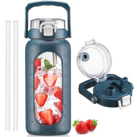 BLUEGO 64oz Glass Water Bottle with Handle and Straw, Motivational Sports Water Bottle with Time Marker and Silicone Sleeve Leakproof Drinking Bottle for Travel Gym Workout, Dark Blue