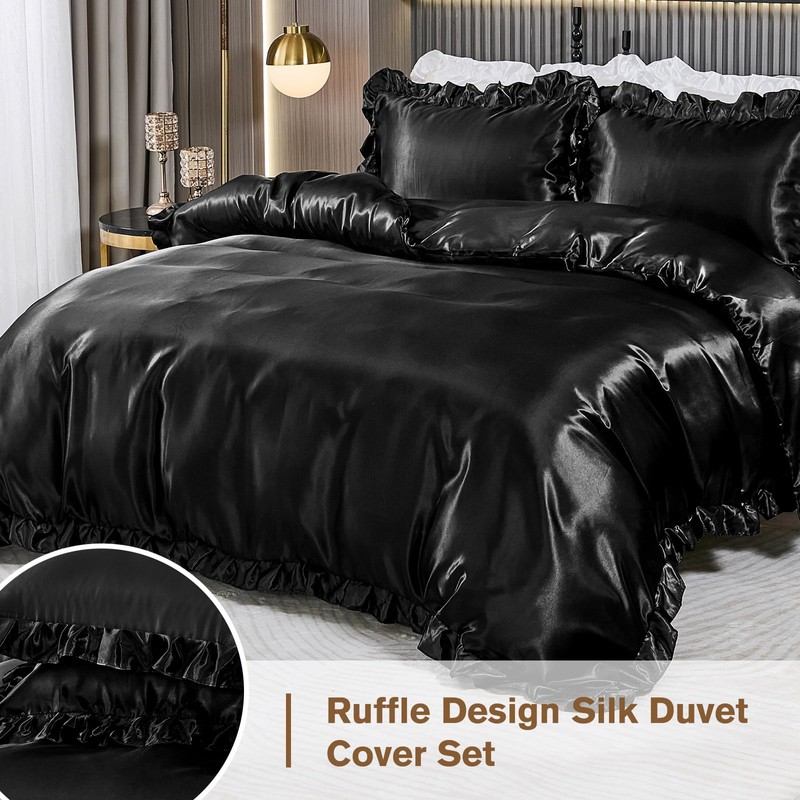Guchuang Bedding Black Silk Ruffle Bedding Set Luxury Duvet Cover