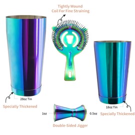 Safring Boston Cocktail Shaker Bar Set, Weighted Boston Shaker Tins, Bartender Kit with 18oz & 28oz Mixed Drink Shaker, Hawthorne Strainer, Double Measuring Jigger - Rainbow