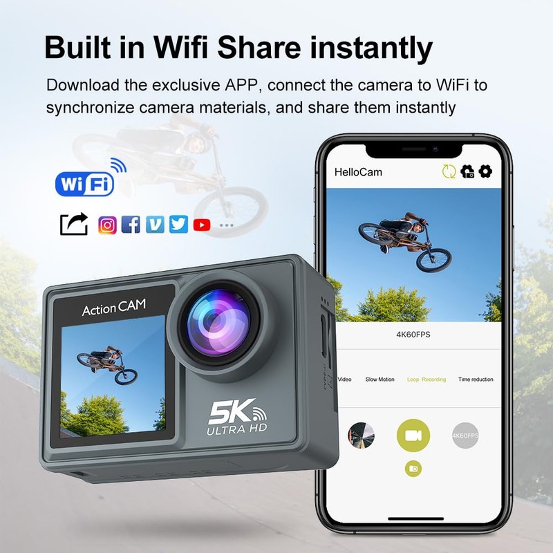 DeKangHY 5K Ultra HD WiFi Action Camera, 30FPS, 2.0" IPS