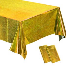 BRAVESHINE Gold Tablecloth Disposable Table Covers - Plastic Rectangle Table Cloth for New Years/Christmas/Men Birthdays/Engagement/Anniversary/Luau Party Decorations - 2 Set 108" x 54"