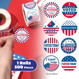 500 Pcs I Voted Today Stickers Round Self Adhesive Labels, 500 Patriotic Stickers on a Roll, Red, White, Blue, 8 Designs for 2025 Election Day Campaigns Voting Supplies (1.5 Inch)
