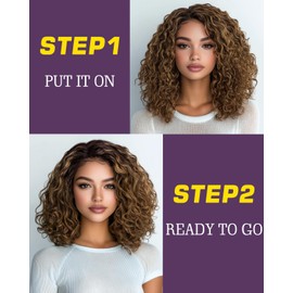 FASHION IDOL Short Curly Bob Human Hair Wig Precut Preplucked Glueless Wear and Go C-Type Part Lace Wig 200% Density Upgraded Invisible Secret Glueless Human Hair Ready to Wear Wigs