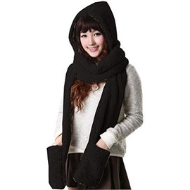 Alltops 3 in 1 Women Hooded Scarf With Mittens Neckwarmer Hoodie Pocket Hat
