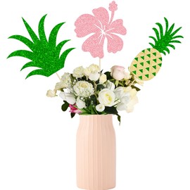Gyufise 12Pcs Flower Pineapple Leaves Flower Centerpiece Sticks Assembled Glitter Hawaii Luau Table Centerpiece Sticks for Summer Tropical Theme Kids Birthday Party Supplies Green Pink